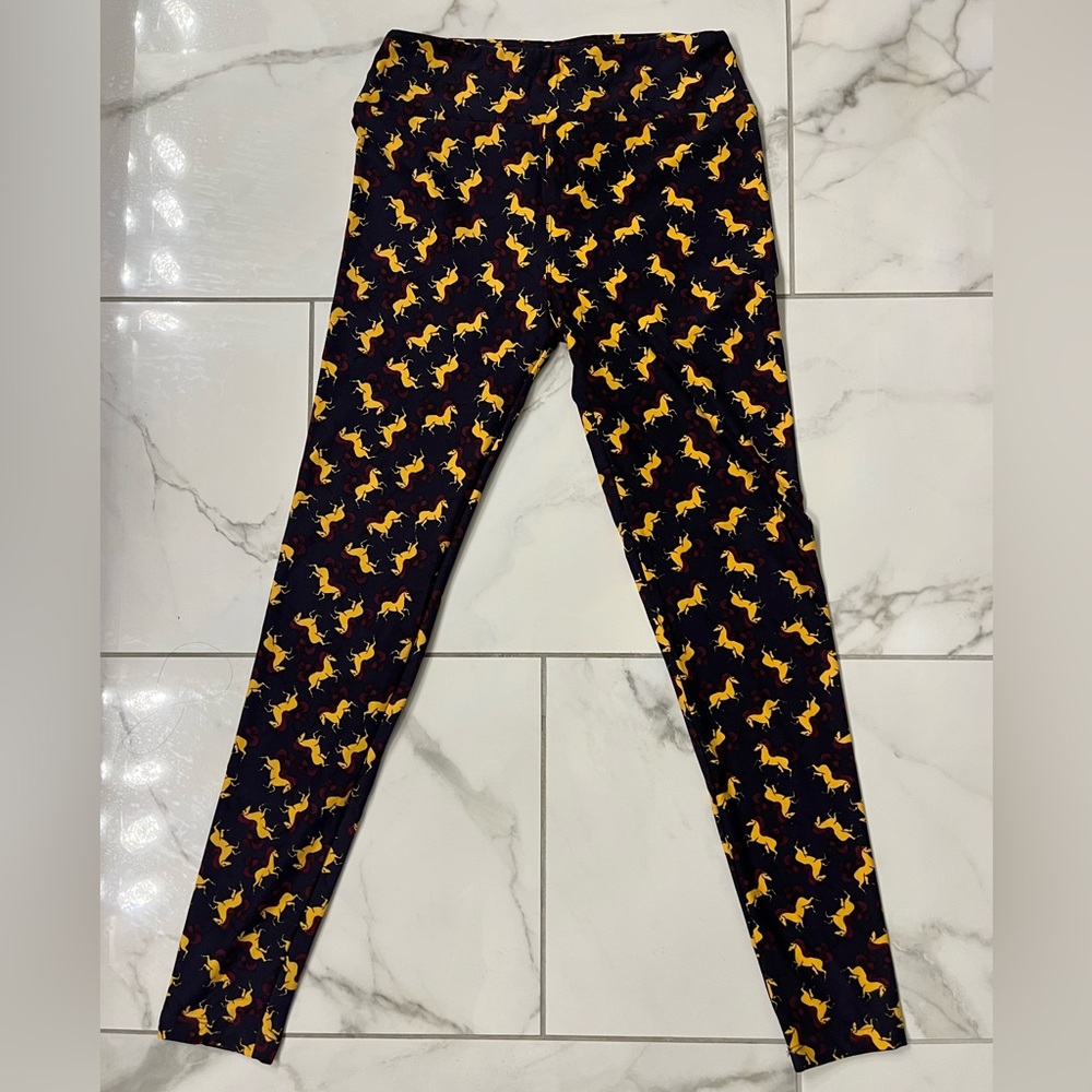 LuLaRoe Black Leggings with Yellow Pony Pattern